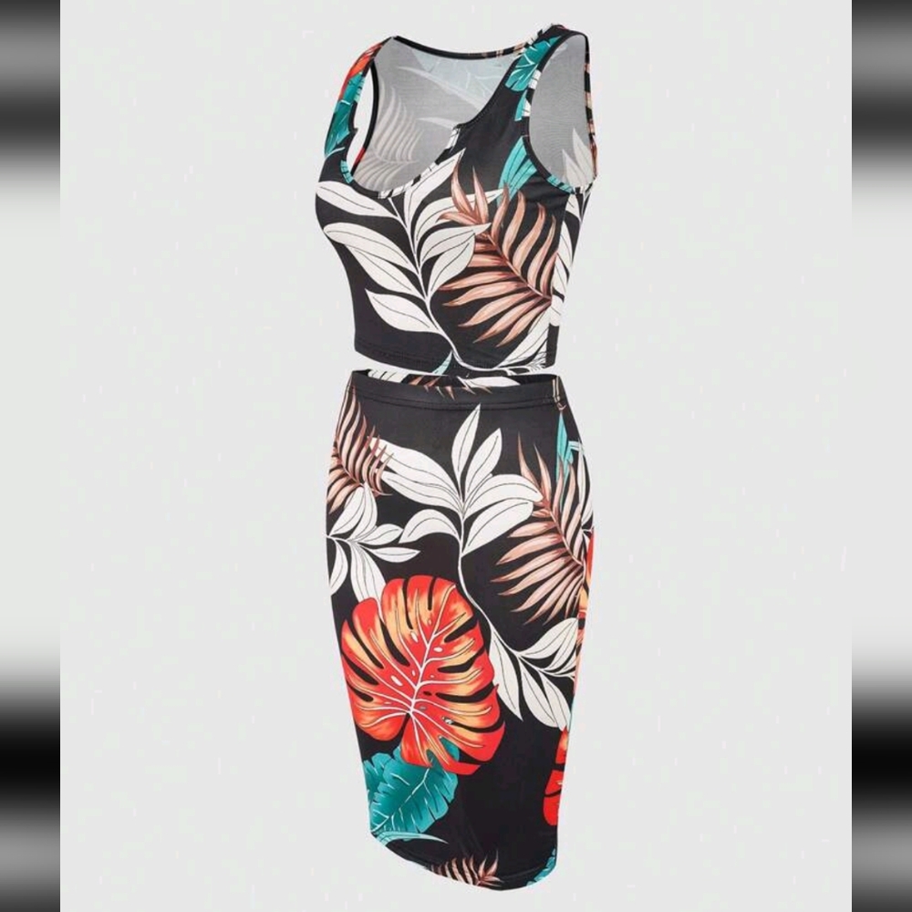 Tropical Print Sleeveless Skirt Set